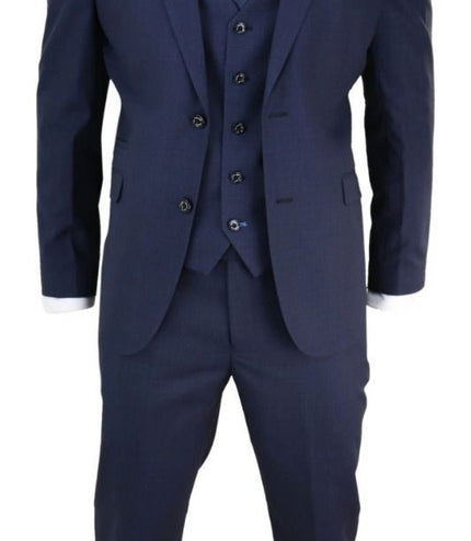 Mens 3 Piece Navy Blue Tailored Fit Retro Classic Suit
