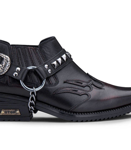 Men'S Black Leather Winklepicker Studded Western Biker Boots