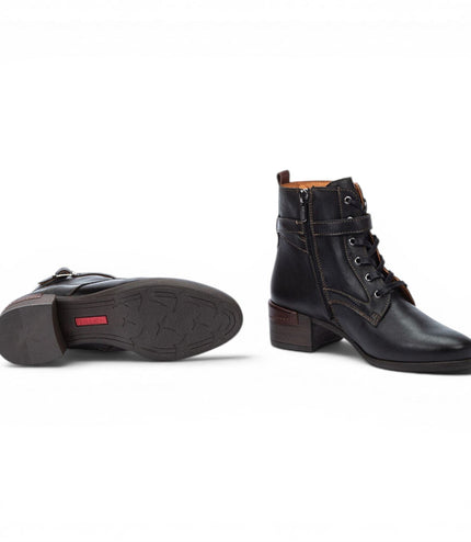 Pikolinos Women's Black Leather Lace-Up Mid-Heel Ankle Boots - Malaga
