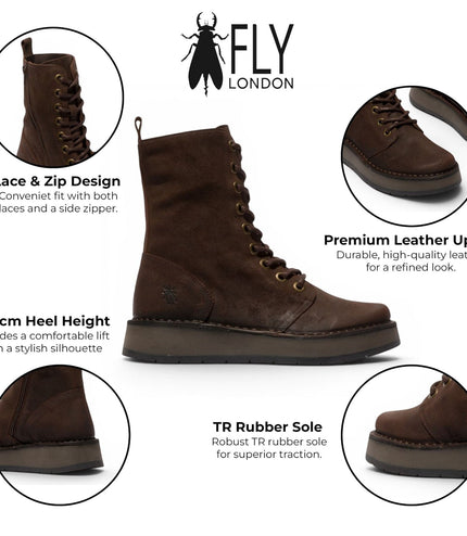 Fly London Womens Combat Brown Suede Leather Lace-up Boots - RAMI043