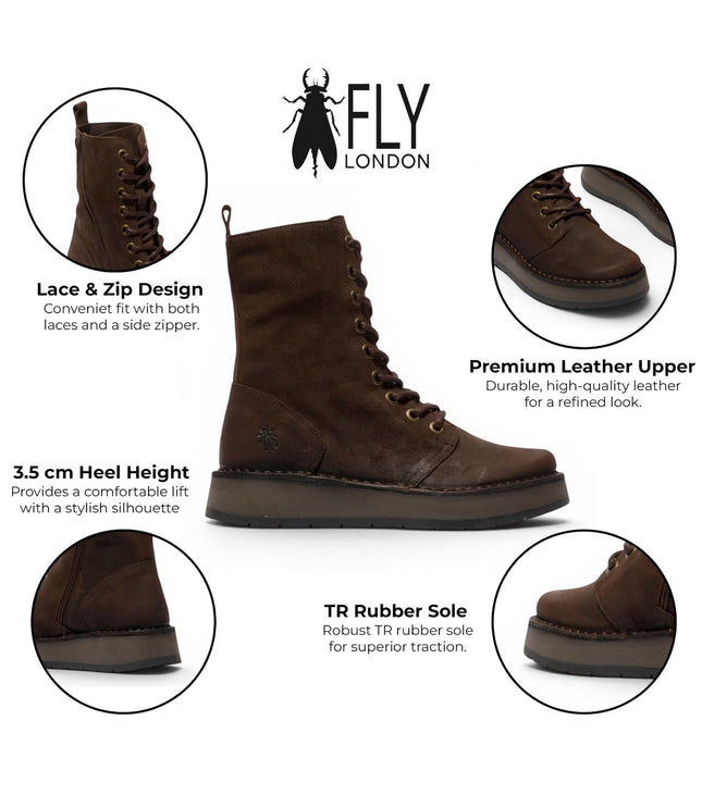 Fly London Womens Combat Brown Suede Leather Lace-up Boots - RAMI043