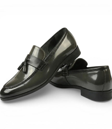 Mens Olive Tassel High-Gloss Patent Faux Leather Formal Loafers Shoes