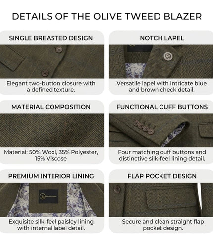 Women's Olive Tailored Check Tweed Blazer Formal Jacket - TPSTZ-7