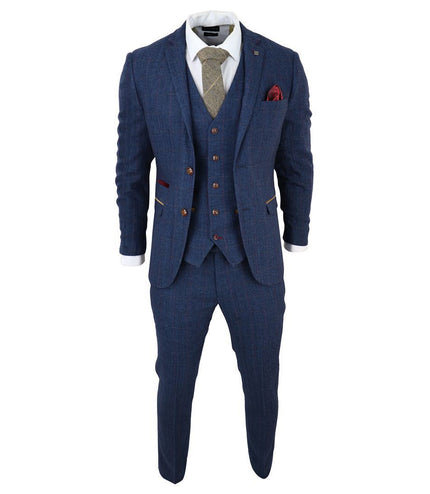 Mens Blue Tweed Check 3-Piece Suit