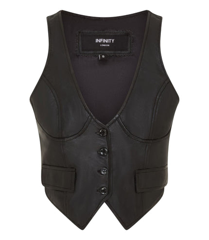 Womens Black Leather Waistcoat Biker Vest - MAM-WC