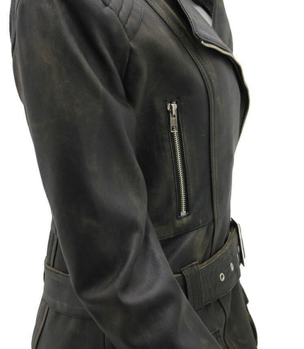 Womens Long Leather Biker Jacket-Quito - Vintage Black