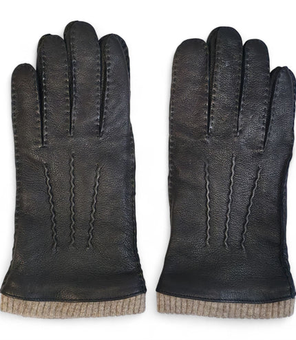 Men's Black Italian Leather Warm Wool Lining Winter Gloves - M-LGV-405