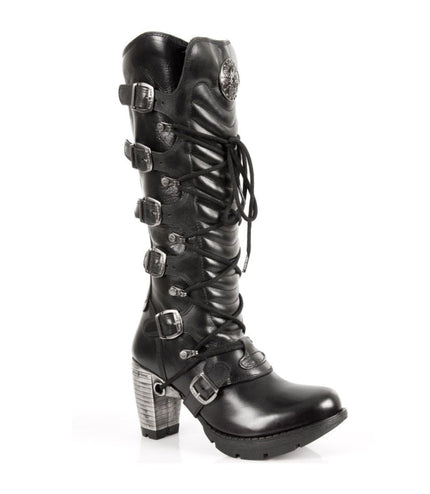 New Rock Ladies Black Buckle Laced Knee-High Boots - TR004-S1