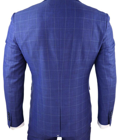 Mens 3 Piece Royal Blue Check Vintage Retro Suit