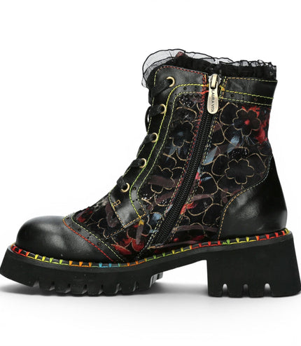 Laura Vita Women's Gothic Floral Black Leather Combat Boots - Oyao-11