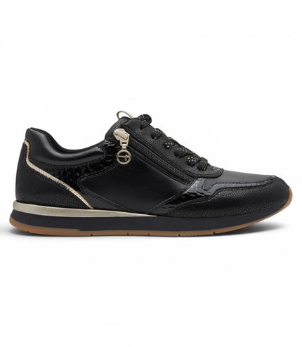 Tamaris Womens Black Faux Leather Fashion Lace Up Sneakers - 23613-46