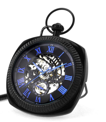 Mechanical Black Blue Vintage Skeleton Square Open-Face Pocket Watch