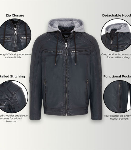 Men's Hooded Biker Lamb Leather Jacket - Burten - Navy