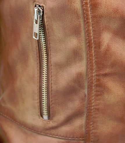 Womens Long Leather Biker Jacket-Quito - Tan