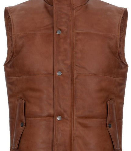 Mens Classic Leather Puffer Waistcoat-Nottingham - Tan