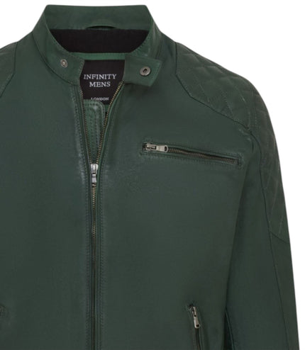 Mens Green Leather Quilted Shoulder Biker Jacket - Rock