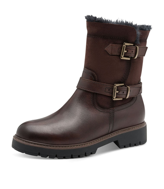 Tamaris Womens Winter Mocca Brown Leather Buckle Zip Biker Ankle Boots