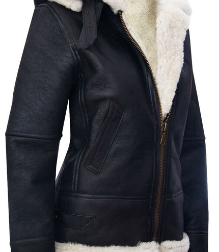 Womens Hooded Sheepskin Flying Leather Jacket-Palermo - Brown Cream