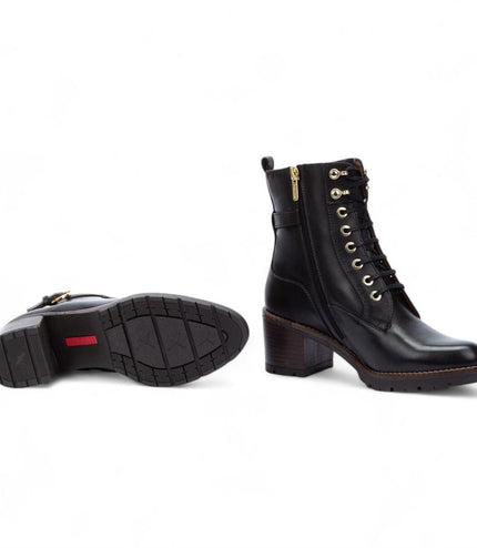 Pikolinos Women's Black Leather Mid-Heel Combat Ankle Boots - Llanes