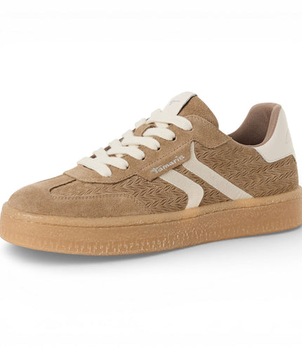 Tamaris Women's Taupe Leather White Stripes Trainers Sneaker Shoes