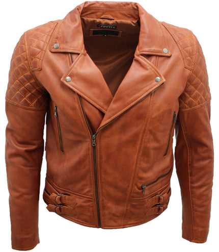 Mens Quilted Leather Biker Jacket-Bordeaux - Tan
