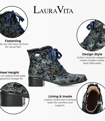 Laura Vita Emcmao-45 Blue Floral Womens Gothic Victorian Leather Ankle Heeled Boots