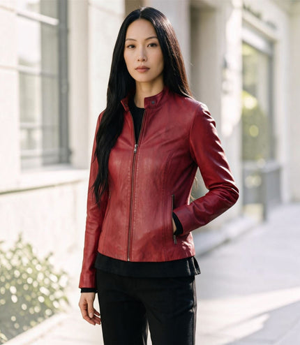 Womens Red Leather Stand Collar Racer Biker Jacket - 181