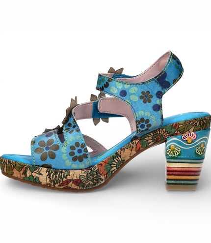 Laura Vita Women's Nellao 33 Blue Floral Leather Wedge Heel Espadrille Sandals