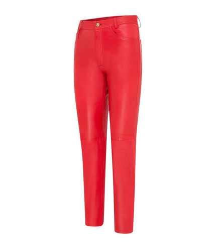 Womens Red Lamb Leather 501 Biker Jeans - Ankara