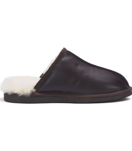 Men's Brown Genuine Lamb Leather Slippers Real Fur Mule Winter Slippers - Highland