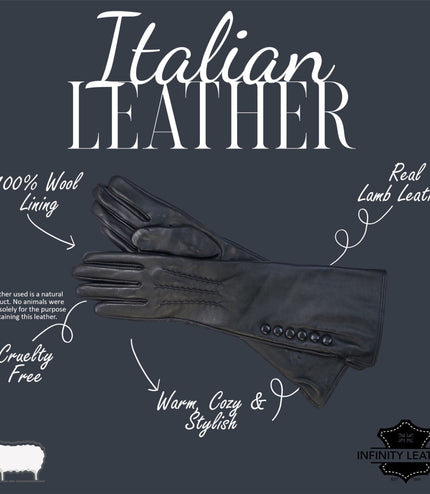 Womens Long Black Italian Leather Winter Button Design Soft Wool Lining Gloves - L-GLV-201