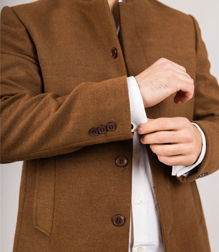 Men's Brown Stand Collar Wool Blend Overcoat