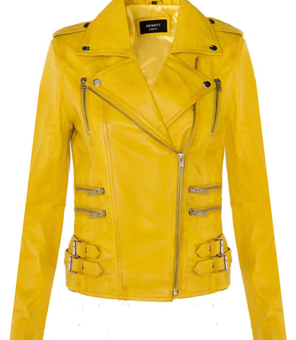 Womens Leather Brando Biker Jacket-Orlando - Yellow