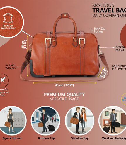 Genuine Leather Tan Wheeled Holdall Duffle Travel Cabin Bag - Holt