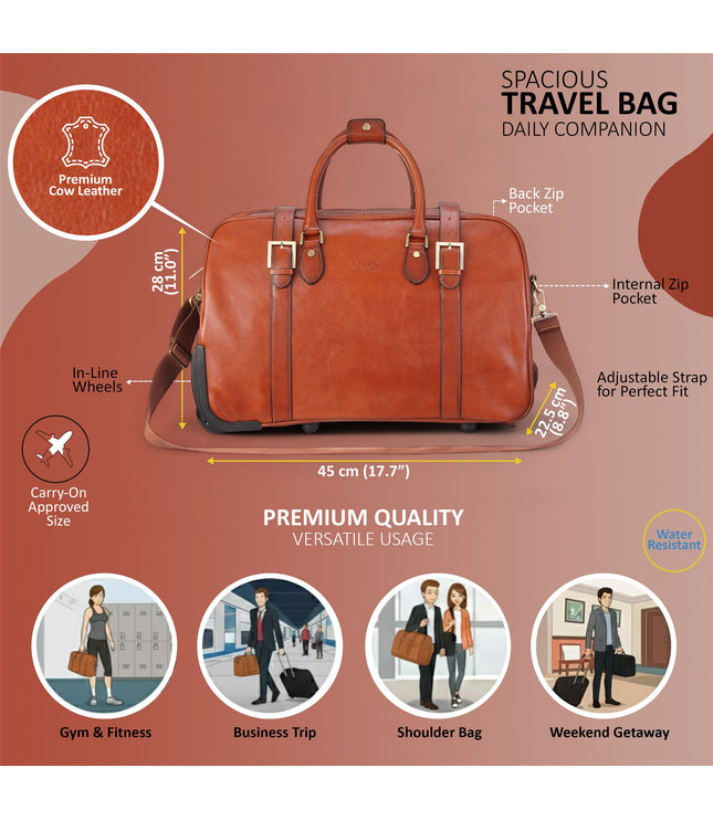 Genuine Leather Tan Wheeled Holdall Duffle Travel Cabin Bag - Holt