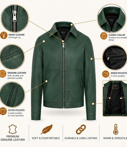 Mens Leather Green Harrington Collar Biker Jacket - Alpha