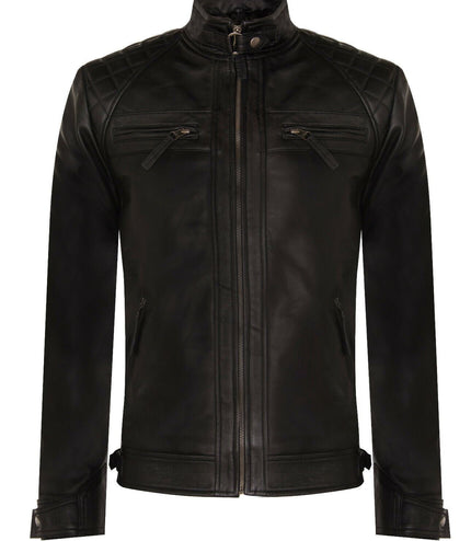 Men's Vintage Leather Quilted Biker Jacket-Monaco - Black