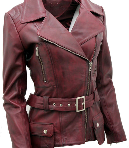 Womens Long Leather Biker Jacket-Quito - Burgundy