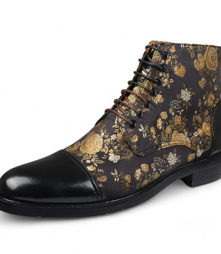 Justin Reess Men's Black Floral Print Leather Oxford Ankle Boots - Adam