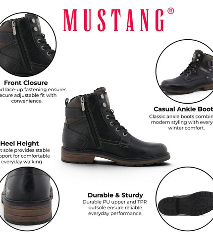 Mustang Men's Black Faux Leather Winter Lace-Up Ankle Boots - M0021001