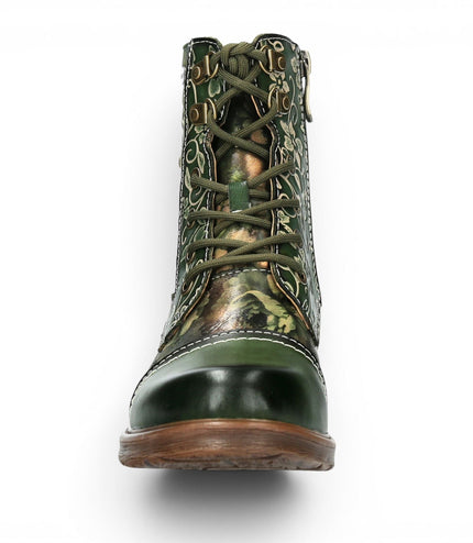 Laura Vita Women's Green Floral Victorian Leather Lace-up Ankle Boots - Anitao - 11