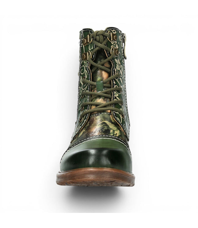 Laura Vita Women's Green Floral Victorian Leather Lace-up Ankle Boots - Anitao - 11