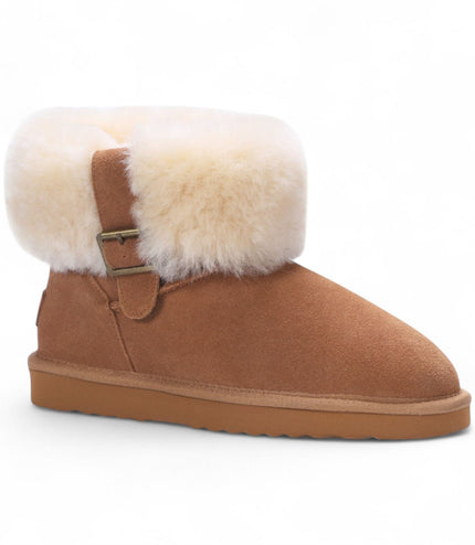 Women's Genuine Sheepskin Tan Suede Ankle Bootie Winter Boots - Granite