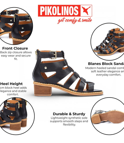 Pikolinos Women's Black Leather Block-Heel Gladiator Sandals - Blanes