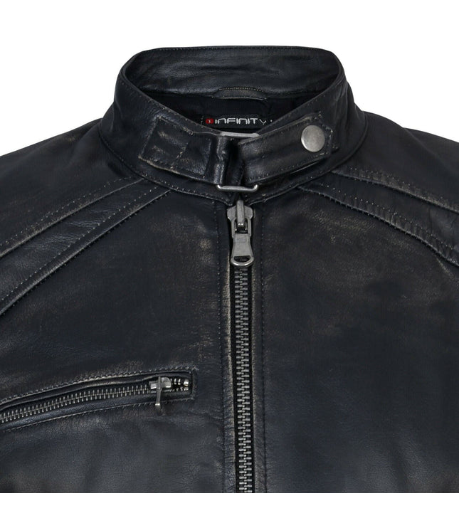Mens Vintage Black Leather Biker Jacket-Alexandria