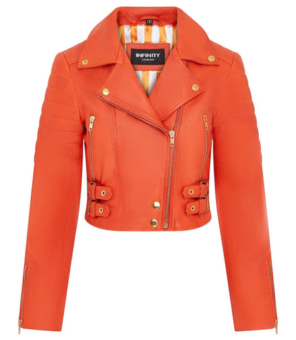 Womens Orange Cropped Brando Leather Biker Jacket-Longtown