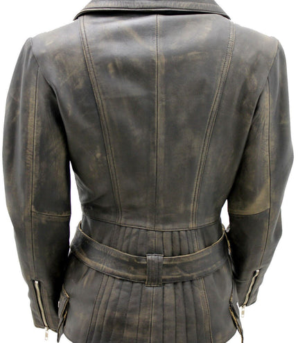 Womens Long Leather Biker Jacket-Quito - Vintage Black