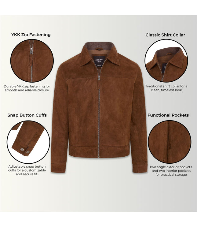 Mens Retro Brown 100% Goat Suede Leather Harington Biker Jacket - Brown