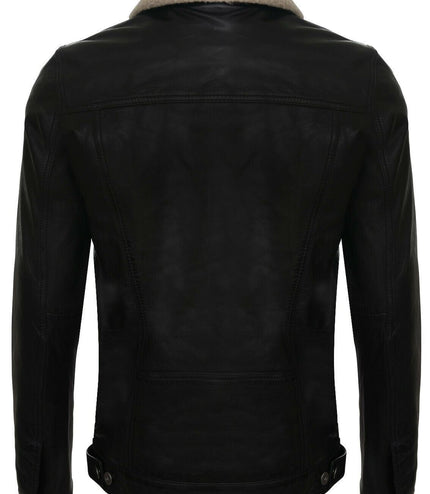 Mens Removable Collar Leather Trucker Jacket-Zagreb - Black