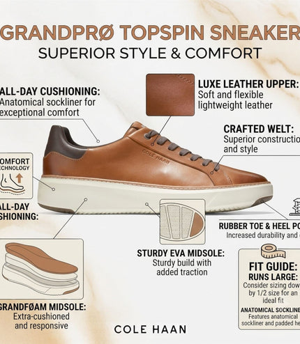 Cole Haan Men's GrandPro Luxe Mile Trainer Tan Leather Sneakers - C34229